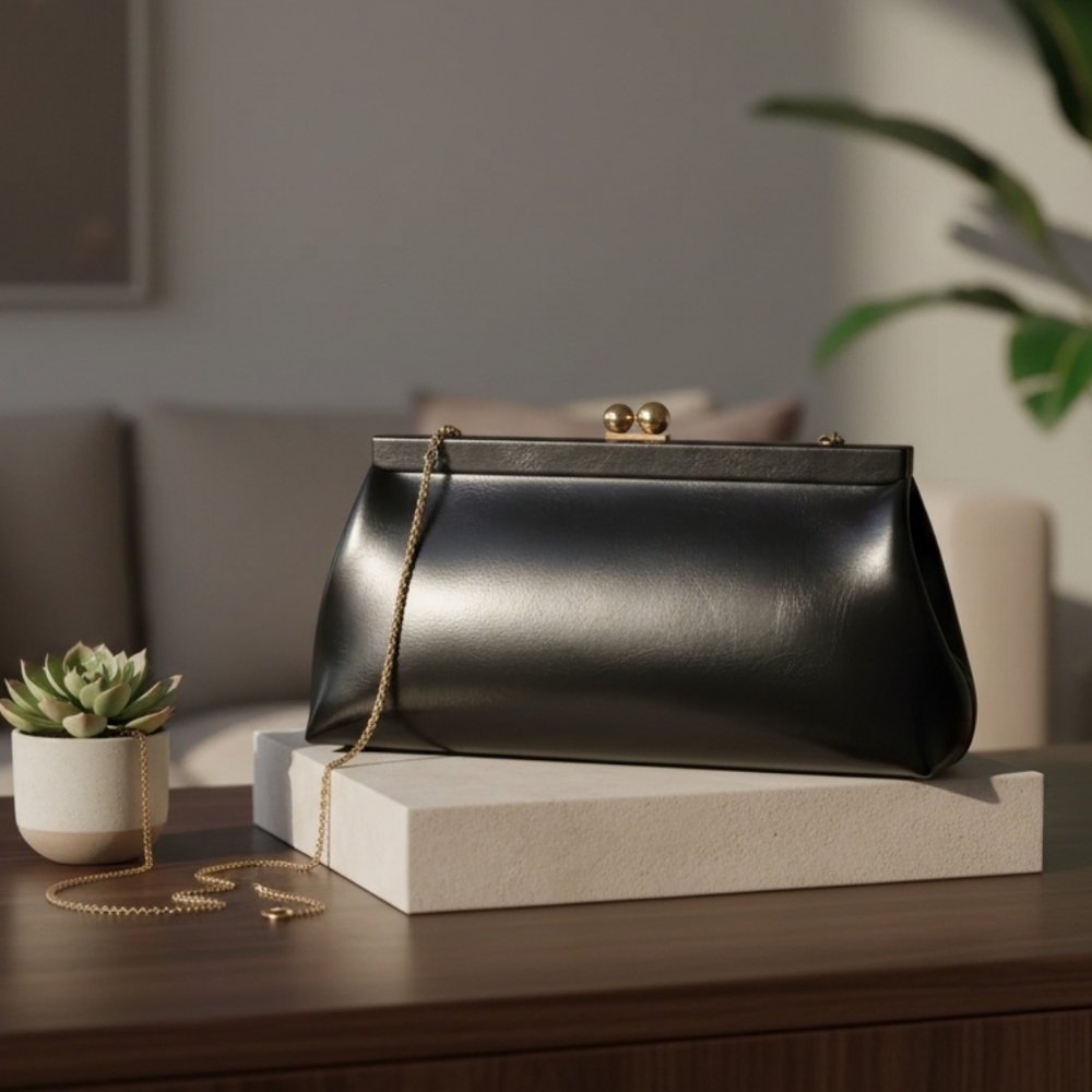 Urban Expression Elegant Women's Black Leather Kiss-lock Clasp Joplin Clutch Bag - Picture 5 of 9